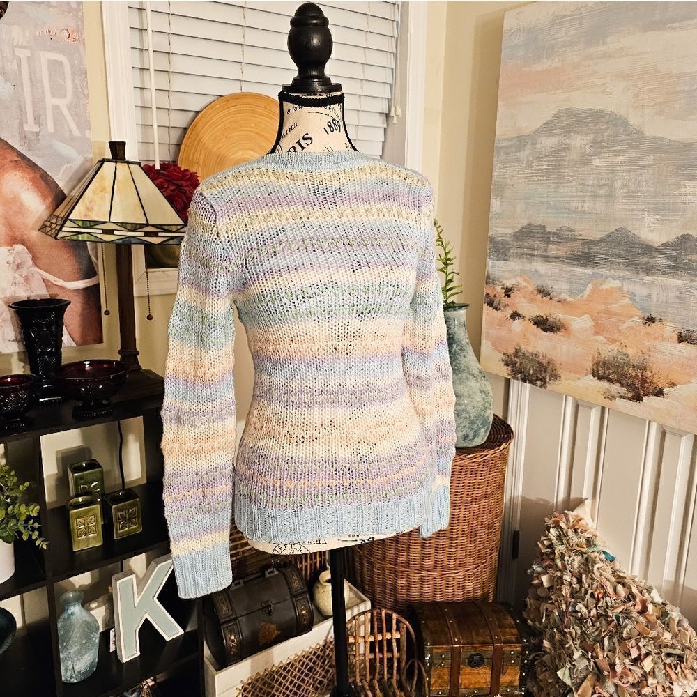 Vtg 70's Licrorice Pastel Striped Knitted Acrylic  Stylish Cozy Sweater. S fit